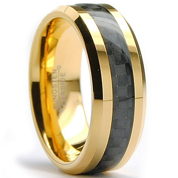 Metal Masters Mens Goldtone Tungsten Ring Wedding Band Black Carbon Fiber 8mm