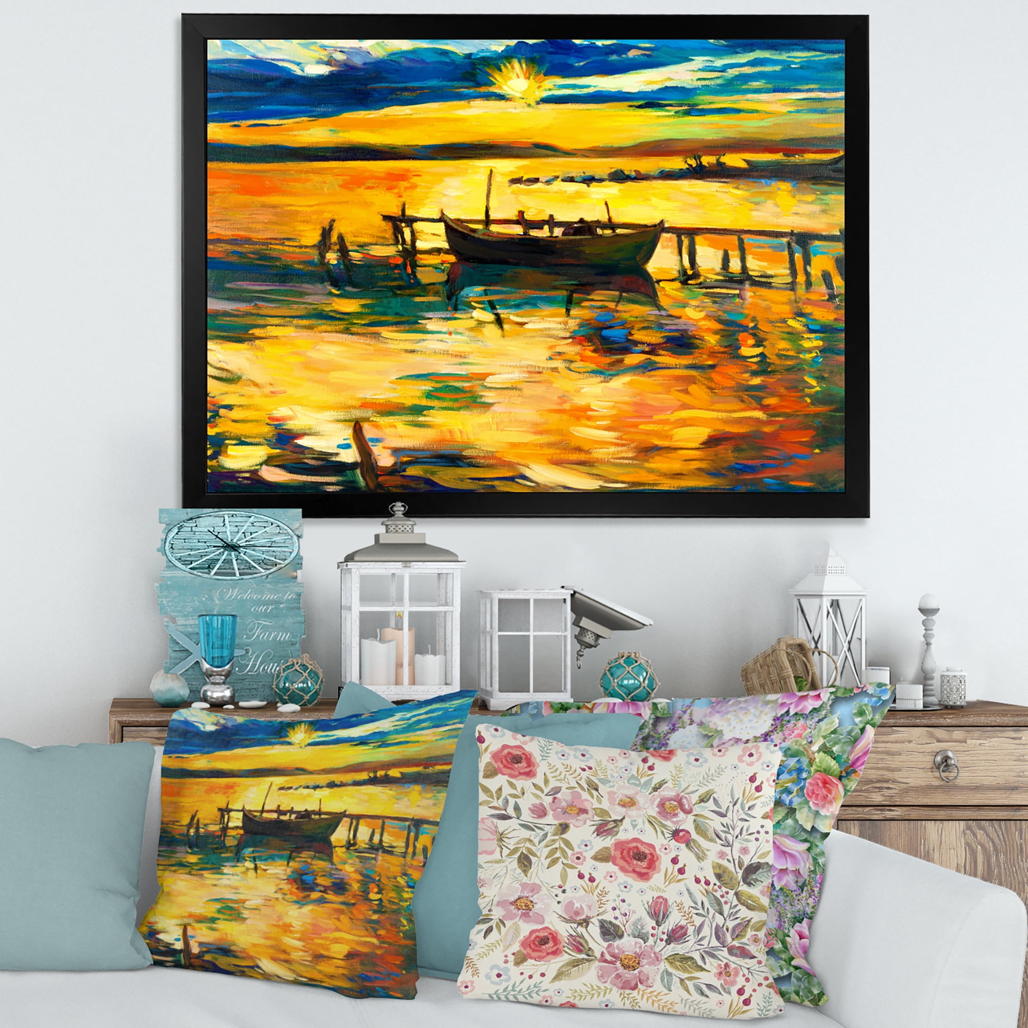 Boat At The Lake During Evening Glow VI 40 in x 30 in Framed Painting Canvas Art Print, by Designart