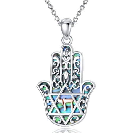 Hamsa Hand Necklace Sterling Silver Abalone Shell Hebrew Chai Pendant Necklaces Jewish Jewelry Gifts for Women Men