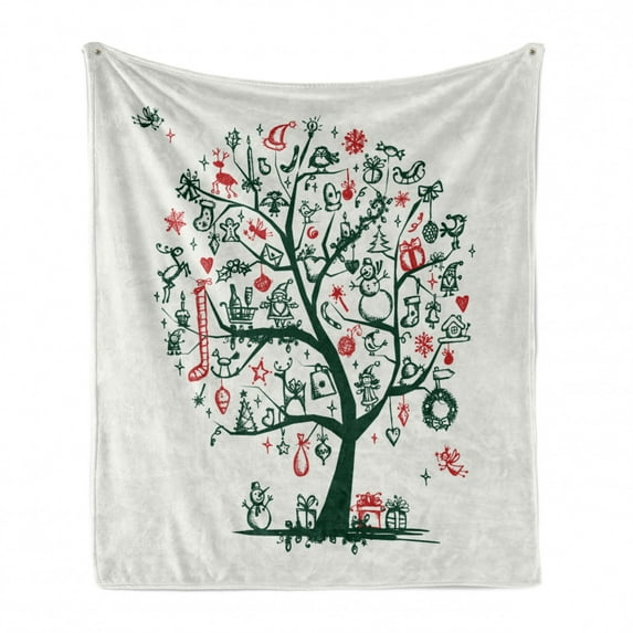 Christmas Soft Flannel Fleece Blanket, Large Tree with New Year Ornaments Presents and Candles Angels Holiday Theme, Cozy Plush for Indoor and Outdoor Use, 50" x 70", Green Vermilion, by Ambesonne