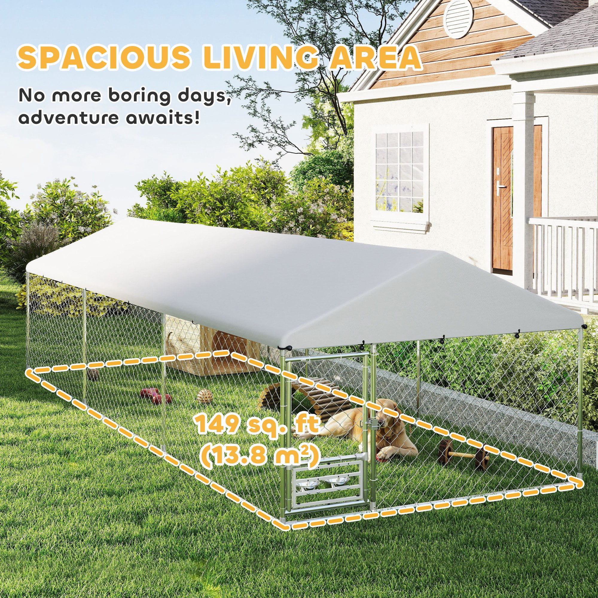 PawHut Outdoor Dog Kennel, Heavy Duty Dog Kennel Outside with Adjustable & Rotatable Bowl Rack, Waterproof Cover, Secure Lock, 19.7' x 7.5' x 5.2'