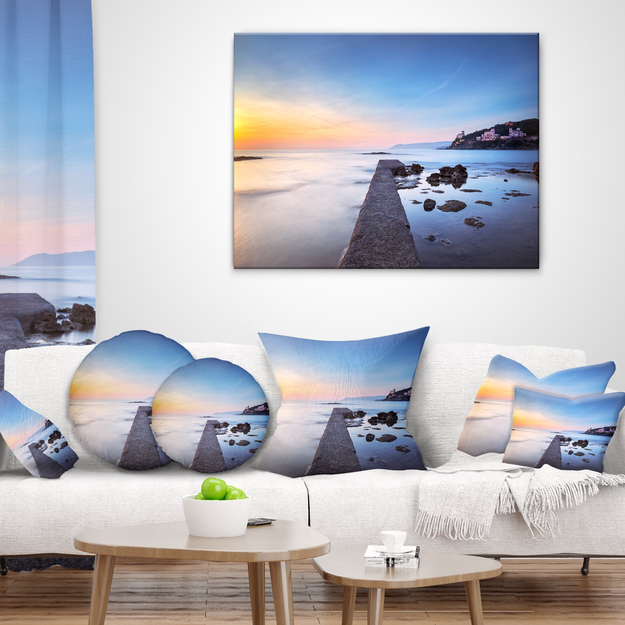 Designart Castiglioncello Bay Concrete Pier - Seascape Throw Pillow - 12x20