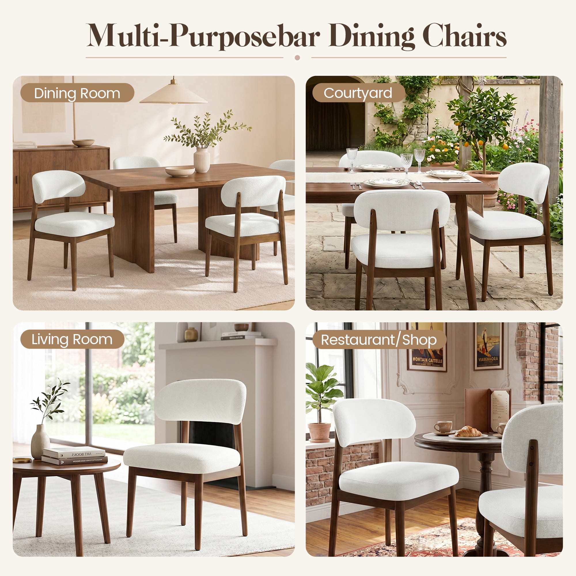 MOONMISS Dining Chair Set of 2,Upholstered Wooden Dining Chairs with Curved Back,Chenille Kitchen Side Chairs,White