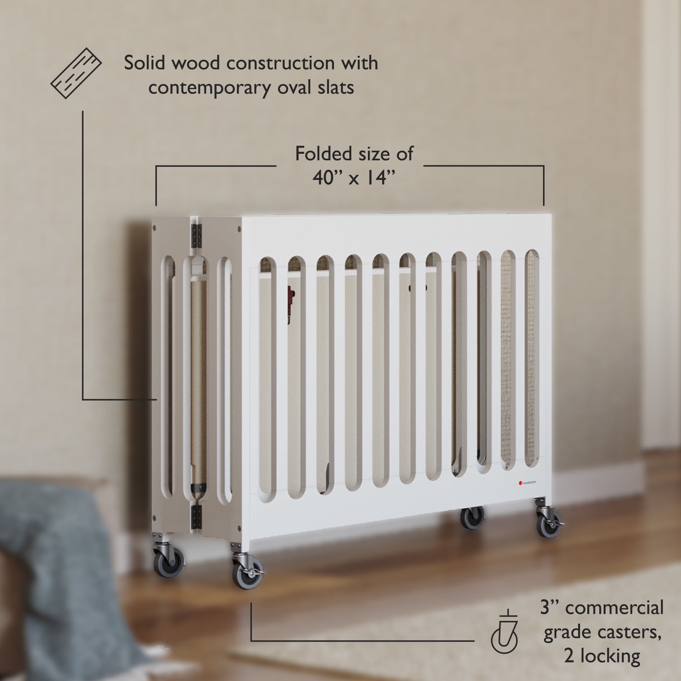 Foundations Boutique Folding Hotel Crib and Sheet Bundle - Includes Wooden Mini Crib with 3" Foam Mattress (White) and 6-Pack White Fitted Compact Crib Sheets
