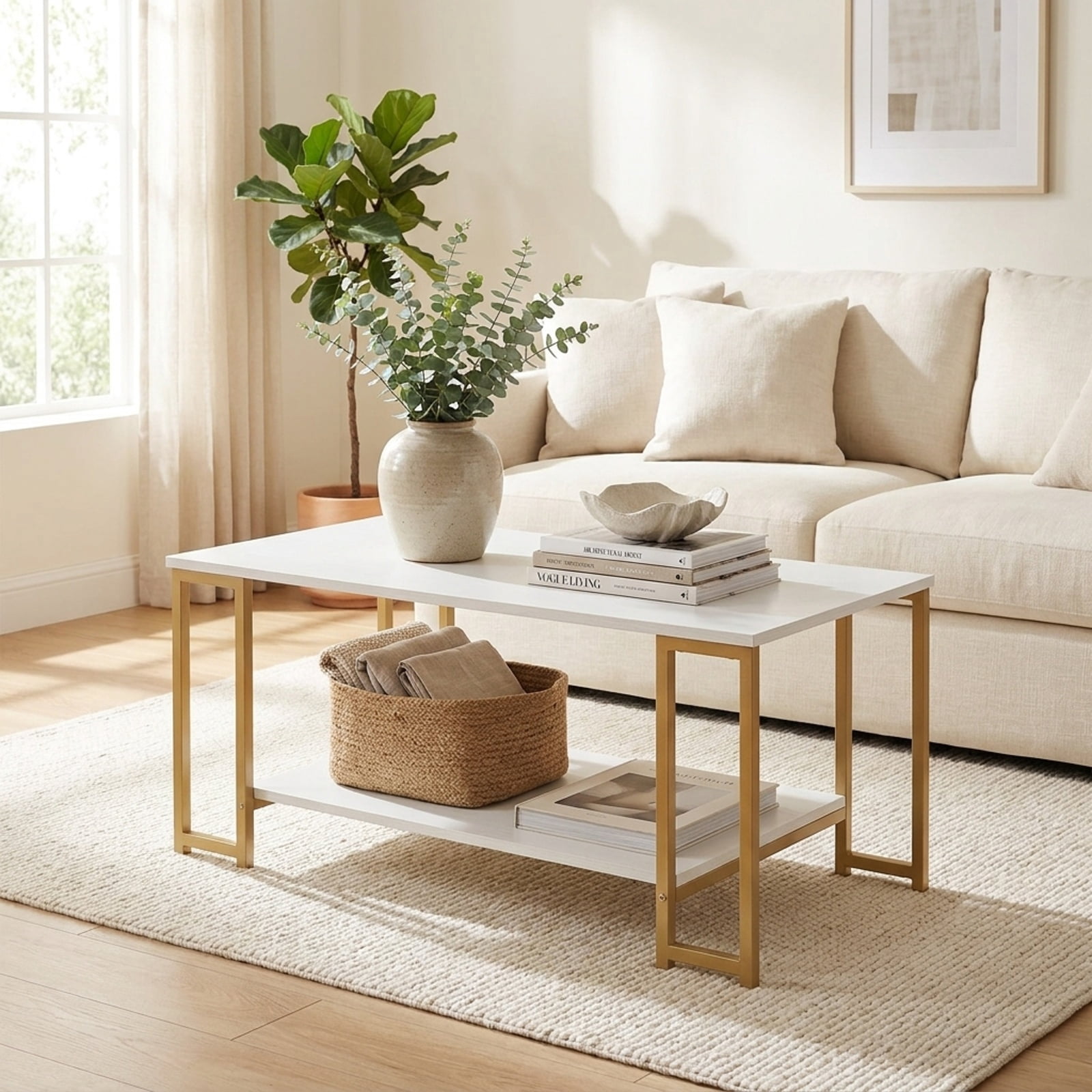 Furnibear Modern 2 Tier Accent Coffee Table with Open Storage Shelf and Metal Frame for Living Room Apartment and Lounge, White
