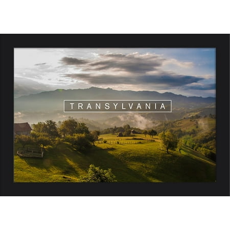 Transylvania, Romania - Farms on Hillside - Mountain Morning Mist - Lantern Press Photography (18x12 Giclee Art Print, Gallery Framed, Black Wood)