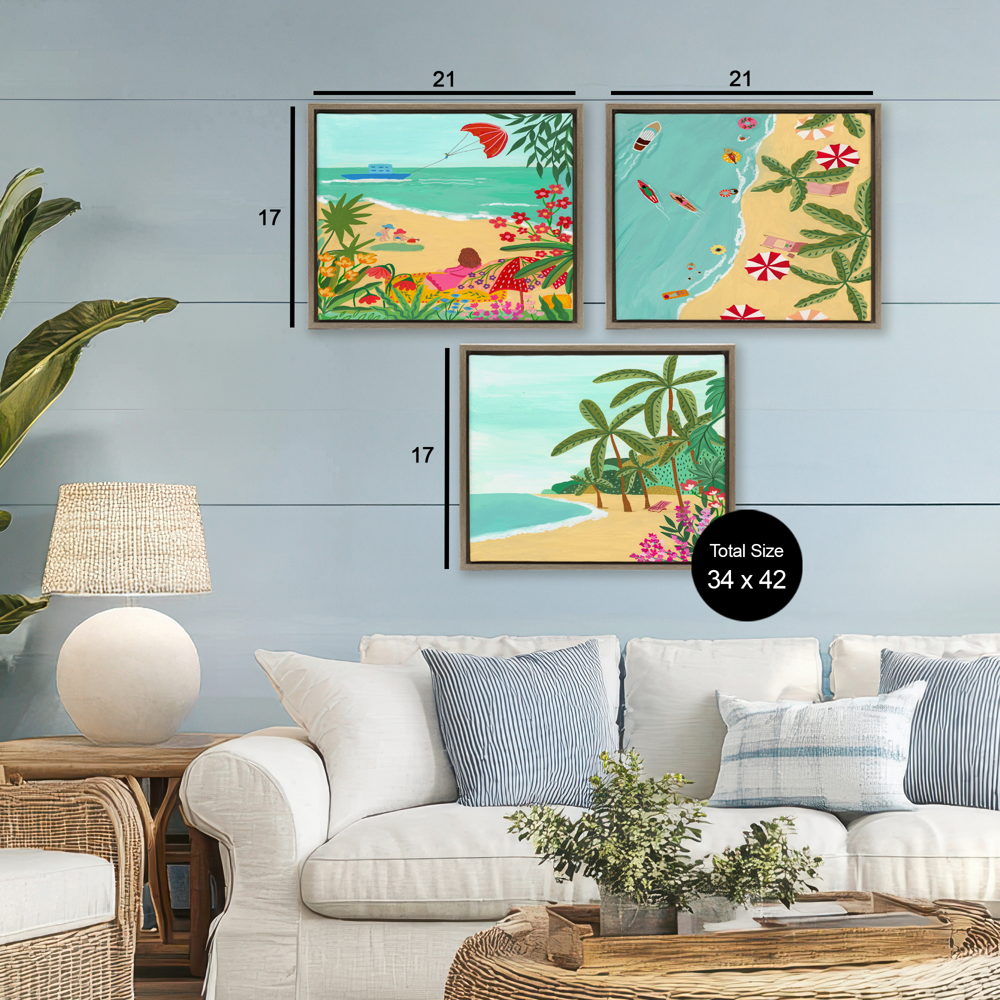 Busy Beach And Flowers 3 Piece Brown Framed Floater Canvas Set, design by Nabeela Rumi