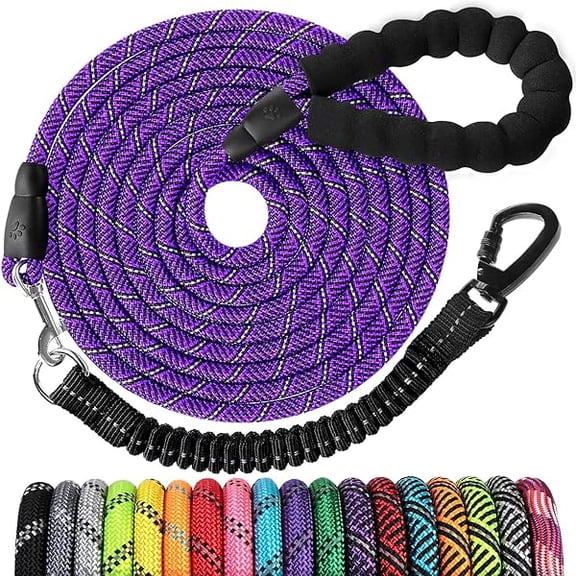 Eryueer Long Dog Leash 30 FT: Heavy Duty Rope Leashes for Dogs Training with Swivel Lockable Hook Reflective Threads Bungee and Padded Handle - Dog Lead for Large Small Medium Dogs Outside Walking