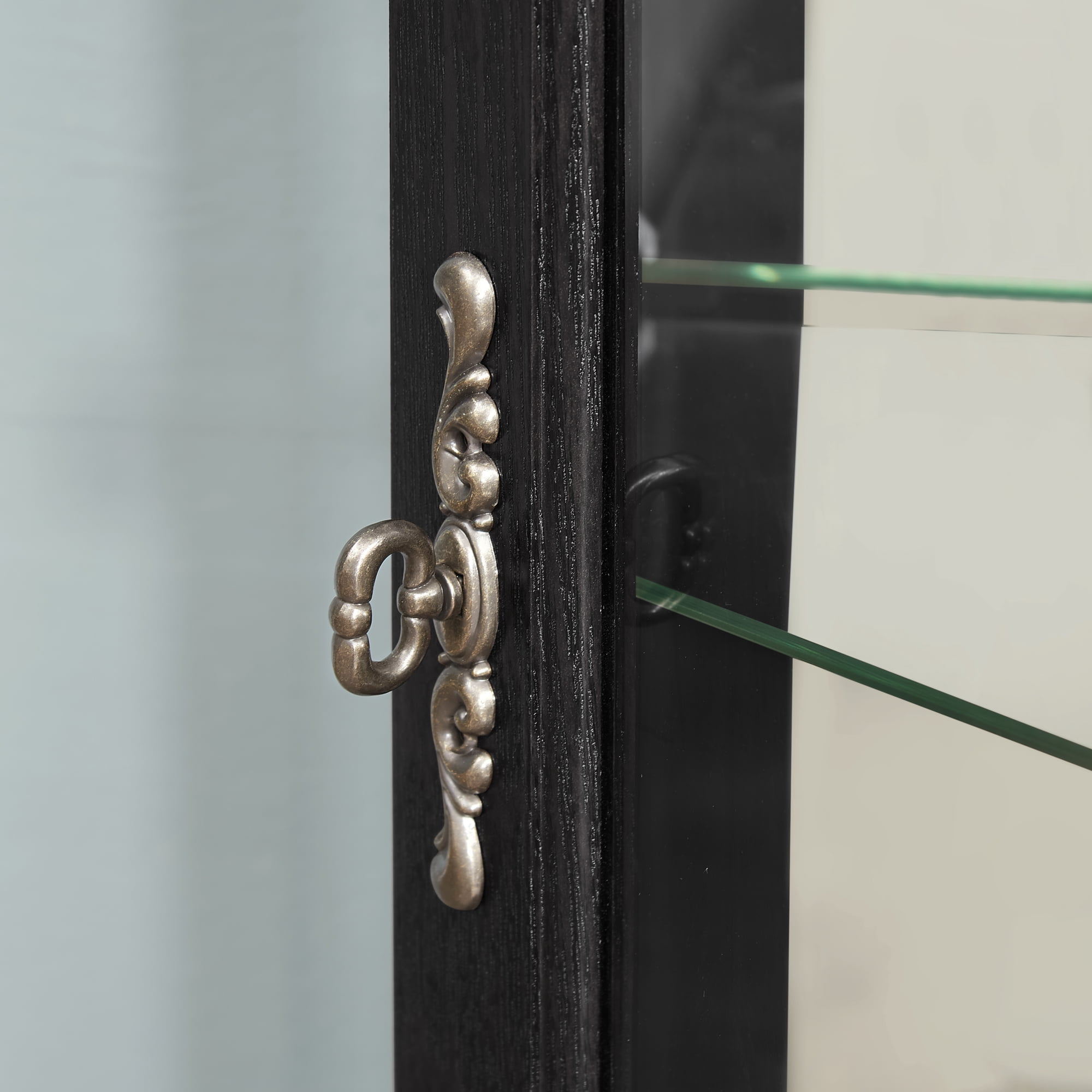 Leumius Curio Cabinet Lighted Glass Display Curio Cabinet with Tempered Glass Doors and Shelves, Crown Corner Cabinet with Bulb, Corner Storage Decoration for Living Room and Bedroom Black