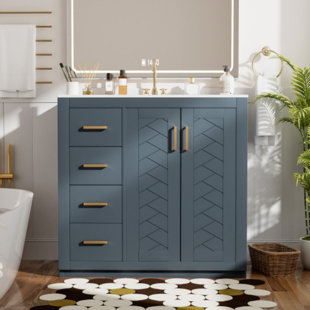 36" Bathroom Vanity with Sink, Freestanding Bathroom Vanity Cabinet with Ceramic Sink, Solid Wood Frame, 3 Drawers & Soft Close Doors, Modern Storage Cabinet, Blue