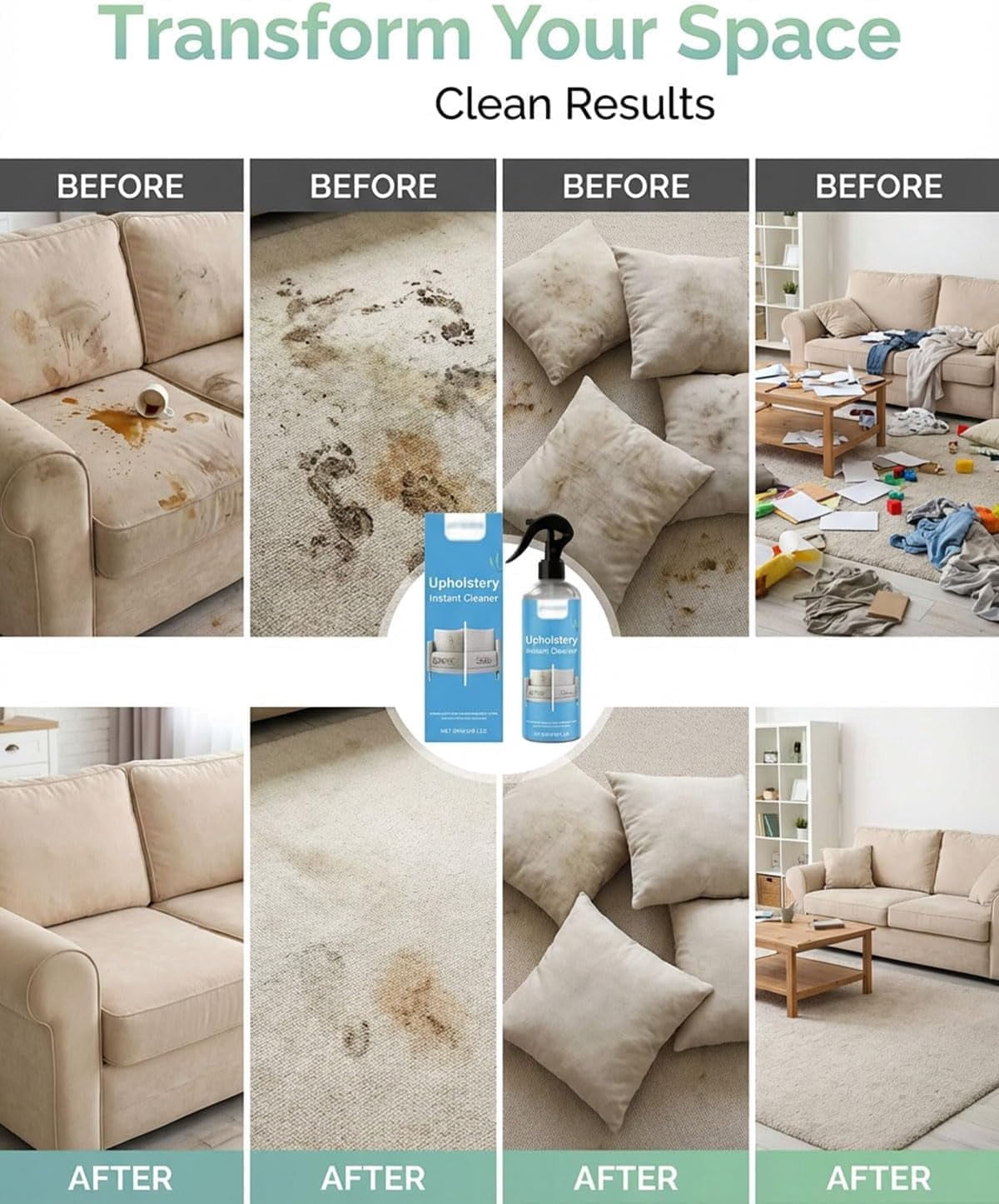 Upholstery Cleaner & Stain Remover, Professional Formula for Couches, Carpet, Car Seats | Pet, Wine, Grease & Odor Eliminator | No Residue, Fast Drying（2pcs）
