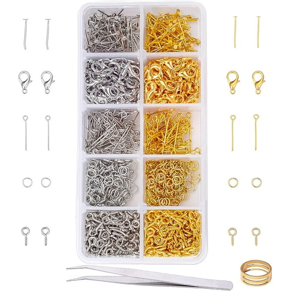 PH 1402 pcs 2 Colors Jewelry Making Kit Inluding 200pcs Lobster Claw Clasps 200 pcs Eye Pin 200 pcs Head Pins 400 pcs Screw Eye Pin Bail Peg 400 pcs Jump Rings Multi-color
