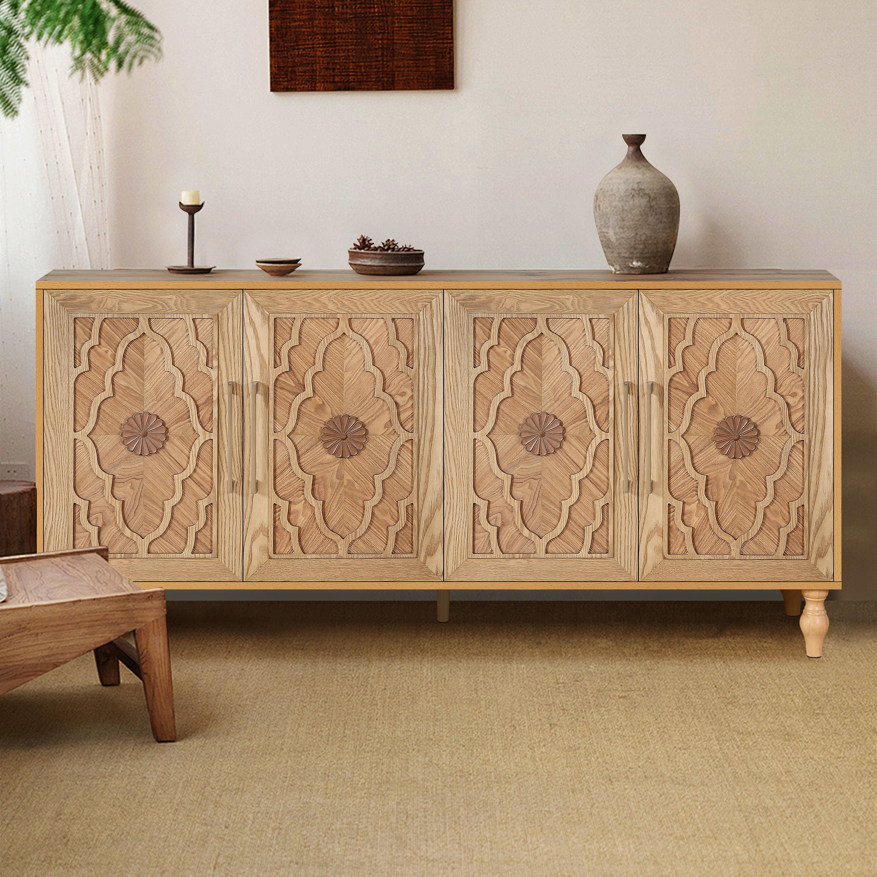 Carved Flower Door Large Storage Cabinet With Metal Handle Suitable For Living Room, Kitchen, Entryway