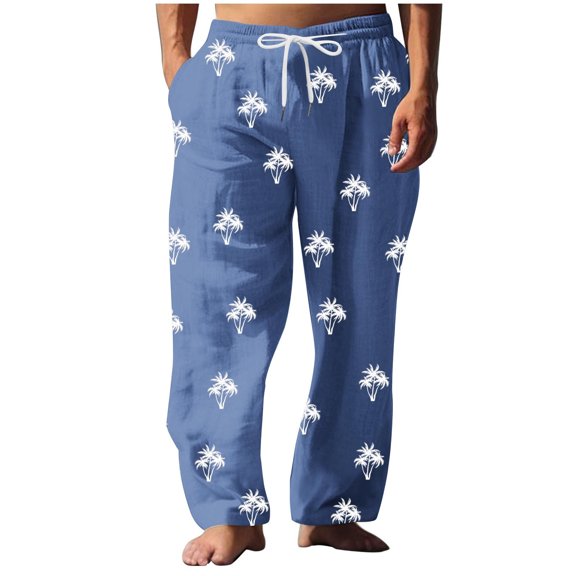 Akafmk Summer Men's Cotton Linen Pants Casual Lightweight Wide-Leg Pants Loose Fitting Solid Color Elastic Waist Yoga Beach Trousers Pants Blue XL