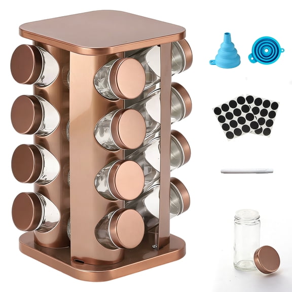 Rotating Spice Rack, 16-Jar Seasoning Organizer with Funnel & Labels, Kitchen Storage Rack for Countertop, Cabinet, Pantry