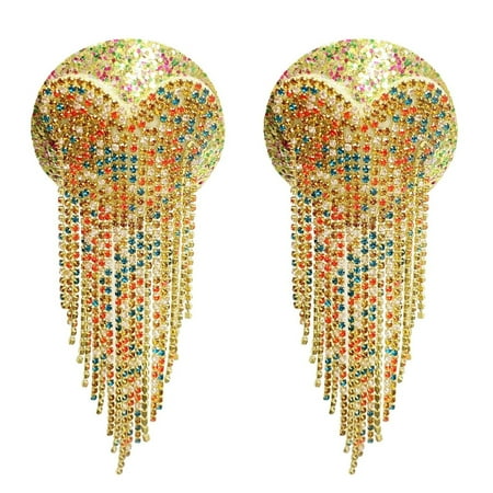 POPLIS Rhinestones Chain Tassels Nipple Cover Fashion Adhesive Pasties for Women Reusable Sticky Bra Raves Party Sticker