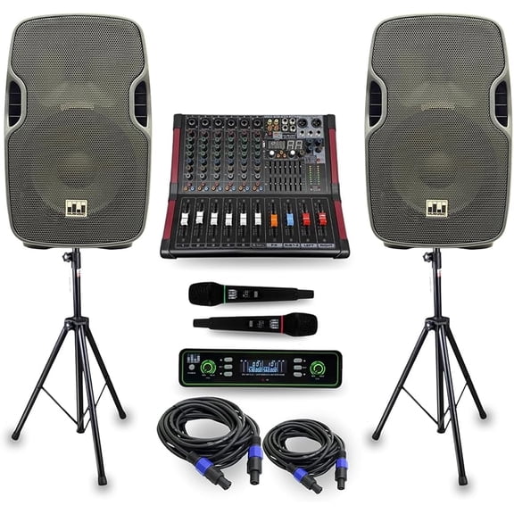 MUSYSIC MU‑PAS10 Complete 2000W PA System – 6‑Channel Powered Mixer, Dual 10" Passive Speakers, Dual UHF Wireless Microphones with 100 Frequencies, Bluetooth, Stands and Cables