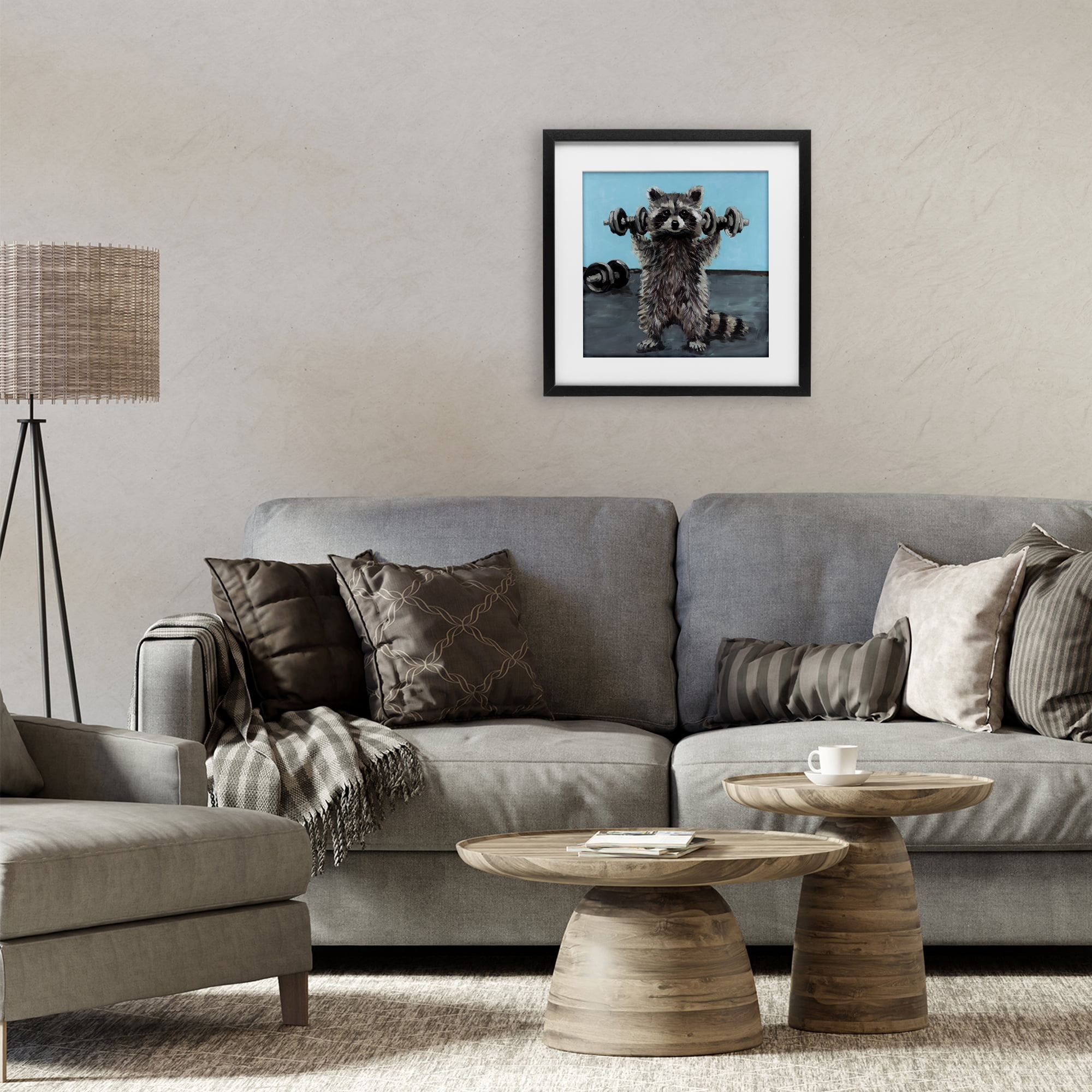 Fitness Raccoon with Weights Black Framed Print Under Glass, design by Studio Bautista