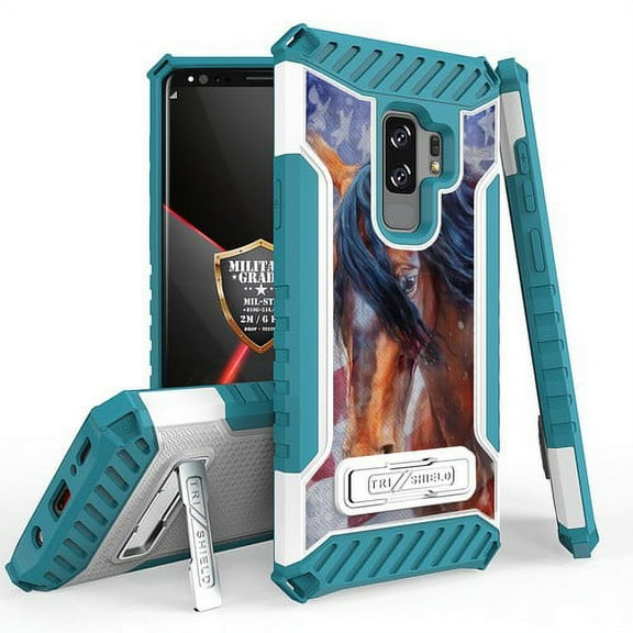 Galaxy S9 Plus / Galaxy S9  Case, Trishield Durable Shockproof High Impact Rugged Armor Phone Cover with Kickstand for Samsung S9  Only White/Printed American Horse