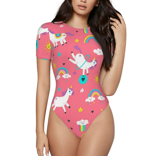 Fotbe Yoga Unicorn Body de Mujer con Cuello Redondo y Mangas Cortas, Sin Mangas Ajustado, Suave, Cómodo y Básico-X-Large
