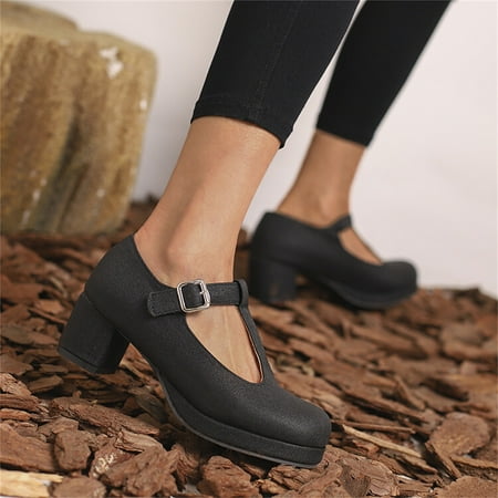 

Cathalem Women Closed Toe Shoes Ladies Fashion Solid Color Leather T Shaped Buckle Round Toe Thick High Heeled Light High Heels Black 8