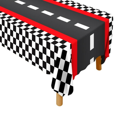 4E's Novelty 3 CORNET Checkered Racing Theme Tablecloth Plastic 54x108 Road Table Covers Racetrack Table Runner for Race Car Birthday Party Supplies Decorations