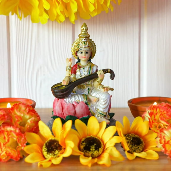 Hindu Goddess Saraswati Idol Statue - 5.1”H Saraswati Statue Indian Spiritual Culture Sculpture Diwali Murti Pooja Item India Idol Statue Diwali Decor Diwali Gifts Hindu God Figurines
