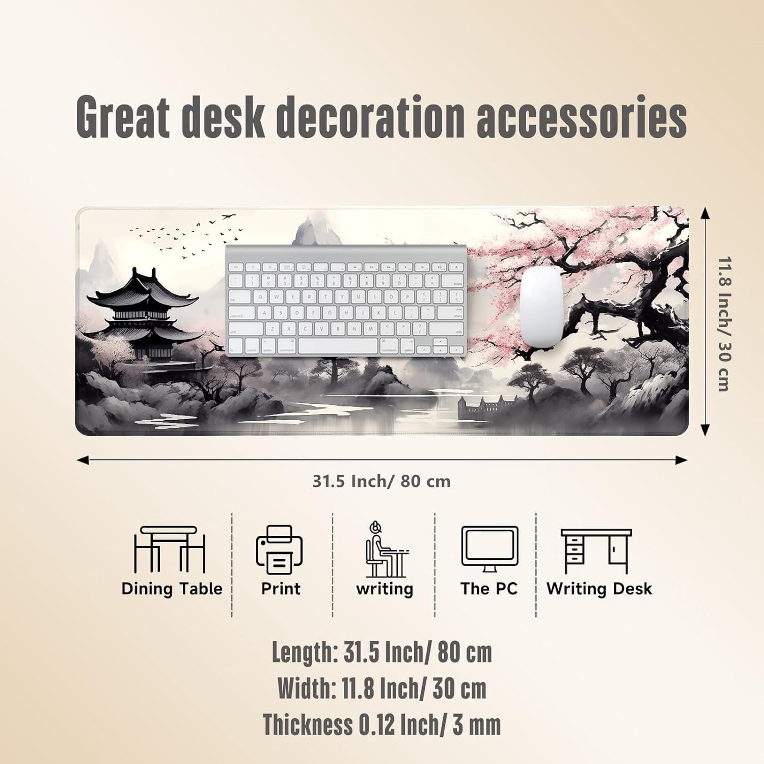 Japanese Large Gaming Mouse Pad Anime Extended Cherry Blossom Mouse Pad with Stitched Edges 3mm for Home Office, 31.5 X 11.8 Inch