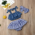 thumbnail image 3 of Bagilaanoe 2pcs Toddler Baby Girl Short Pants Set Sling Ruffle Crop Tops + Plaid Mini Skirt Shorts + Headband 6M 12M 2T 3T Kids Casual Summer Outfits, 3 of 6