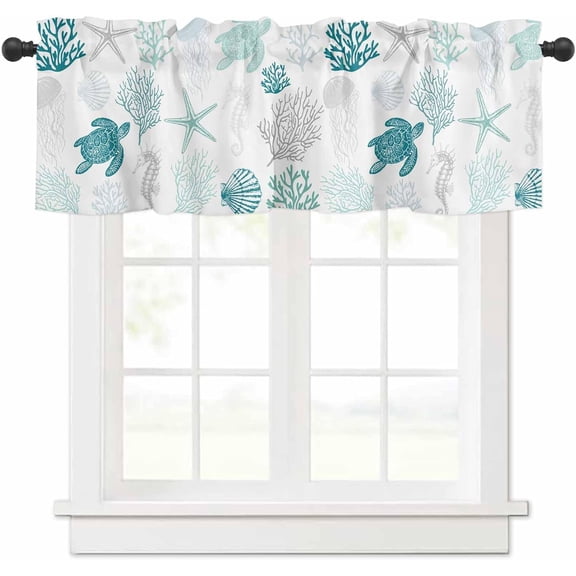 Coastal Curtain Valances for Windows, Summer Ocean Green Sea Turtle Seashell Rod Pocket Valance Curtain for Bedroom Living Room, Nautical Small Window Treatments Kitchen Valances for Windows, 54"x18"