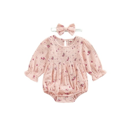 

Arvbitana Baby Girls Ribbed Romper Outfit Floral Printed Round Neck Long Sleeves Bodysuit + Headband Spring Casual One Pieces Jumpsuits Set 2Pcs 0-24M