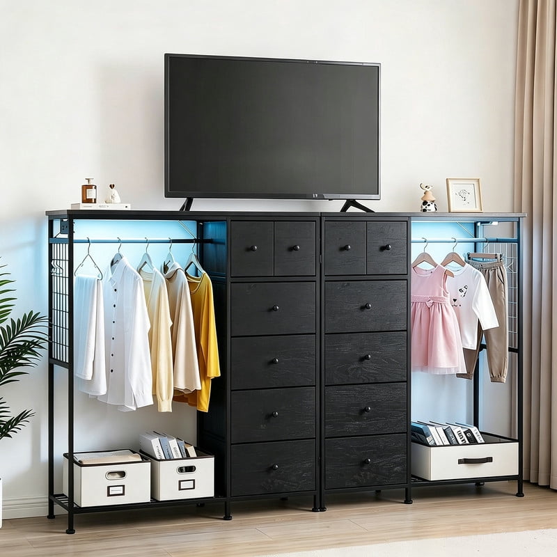 Simenmax 6-Drawer Storage Closet with LED Lights & Charging Station, 49.2" Wide Wooden Wardrobe Rack with Fabric Bins,Portable Clothing Organizer for Bedroom, Entryway, Black Wood