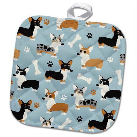 3dRose, Cute Corgi Dog Pattern Blue, 8x8 Potholder