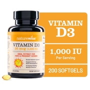 NatureWise Vitamin D3 1000iu (25 mcg) Healthy Muscle Function, and Immune Support, Non-GMO, Gluten Free in Cold-Pressed Olive Oil, Packaging Vary ( Mini Softgel), 200 Count