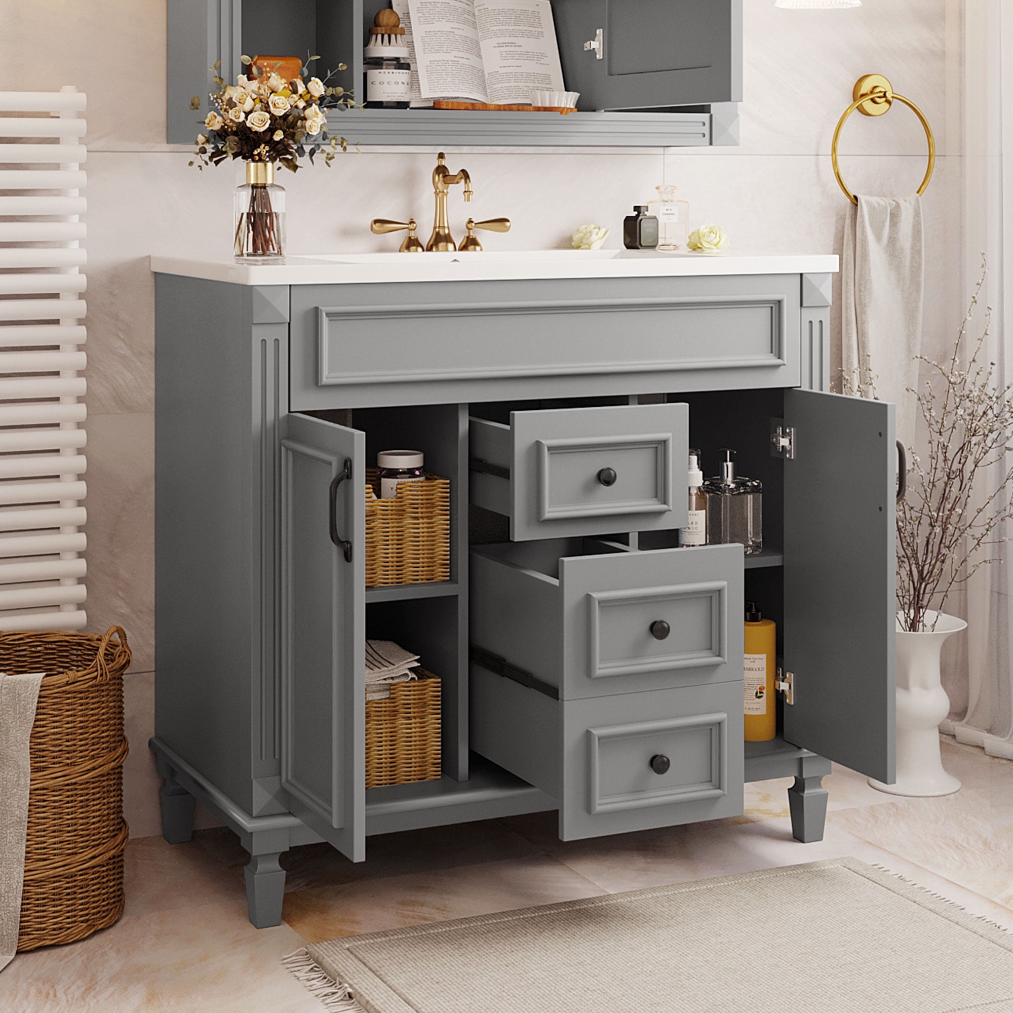 Euroco Modern Bathroom Vanity with Sink – 3-Hole Basin, Concealed Storage, Soft-Close Doors & Drawer – Freestanding Bathroom Cabinet with Water-Resistant Finish, Easy Assembly