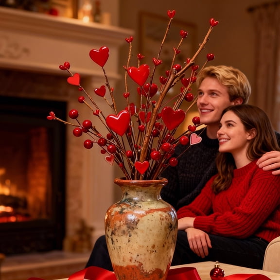 6-Pack Valentine's Day Artificial Heart Berry Stems – 13.8Inch Decorative Picks, Great for Home, Propose & Wedding Decor (Red-6PC)