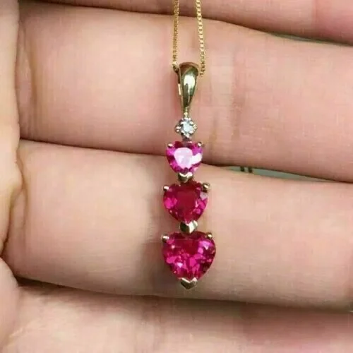 2Ct Heart Cut Lab Created Red Ruby Three Stone Women's Pendant 14K Yellow Gold Plated Free Chain 18"