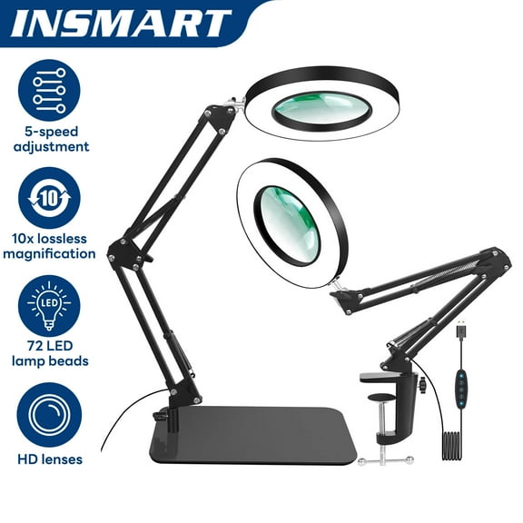 INSMART 10X Magnifying Lamp with Light – 5 Color Modes,72 LEDs,Adjustable Brightness,Hands-Free Desk Lamp for Reading,Crafts,Nail Art,Jewelry Making (Black,Heavy-Duty Base)