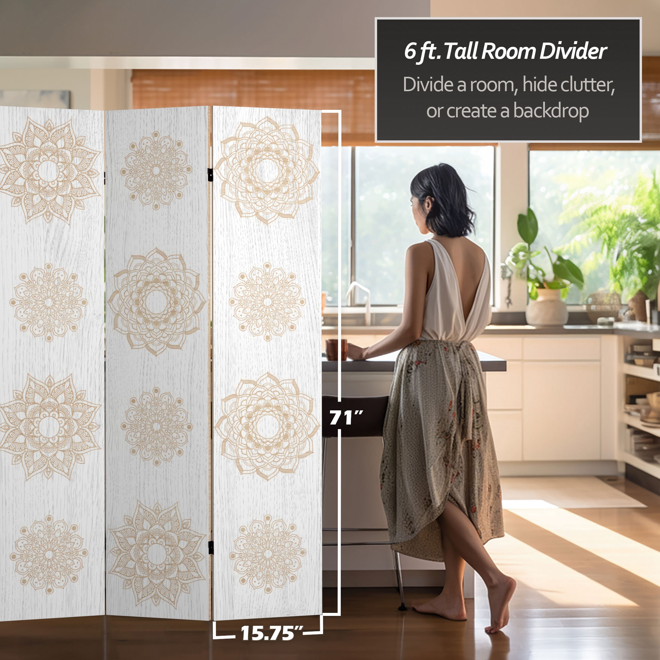 Oriental Furniture 6 ft. Tall Mandala on Birch Canvas Room Divider - 3 Panel