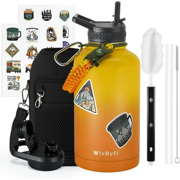 UTAH-64 oz Insulated Water Bottle with Straw (Cold for 48 Hrs), Half Gallon Stainless Steel Triple Wall Vacuum Sports Water Jug, Leakproof Hydro Cup Flask with Straw Spout Lids & DIY Stickers