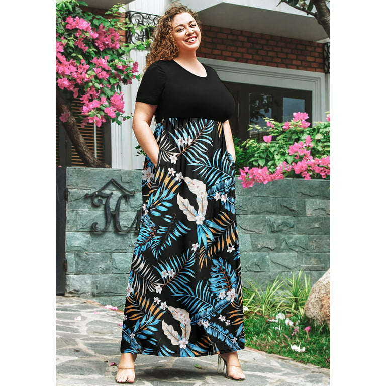 Jeg er stolt smertestillende medicin Formode SHOWMALL Plus Size Summer Maxi Dress for Women Tropical Print 4X Short  Sleeve Crewneck Casual Beach Bohemian Full-Length Long Sun Dresses with  Pockets - Walmart.com