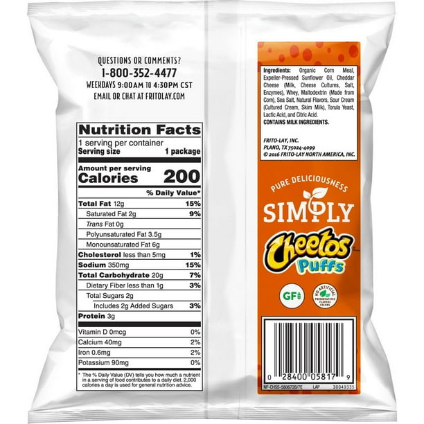 Cheetos 28400058193 Cheetos Simply White Cheddar Puffs Cheese Flavored Snacks 1.25 Ounce Plastic Bag/64