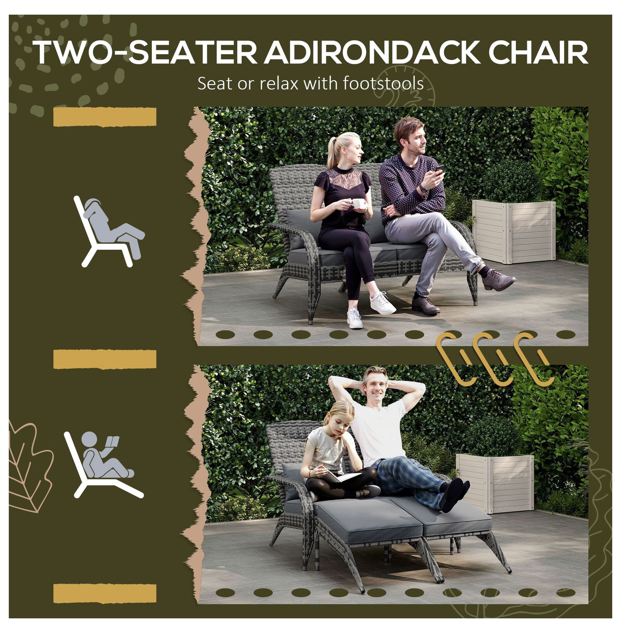 Wicker Adirondack Chair for 2, PE Rattan Double Chaise, Fire Pit Chair with Cushions & Footrests, Mixed Gray - Outdoor Patio Furniture
