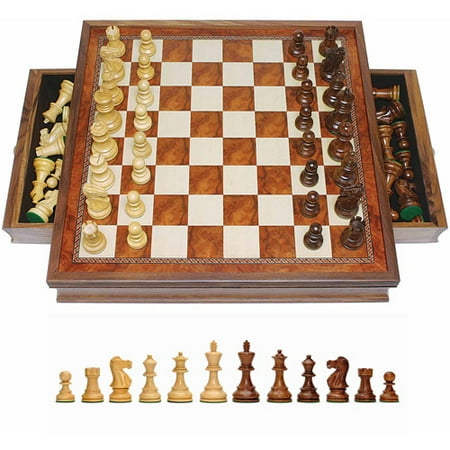 16 Wood Chess - Grand English Style Chess Set with Storage Drawers, Pieces are Tournament Sized and Hand Carved with Camphor Wood Board, 19