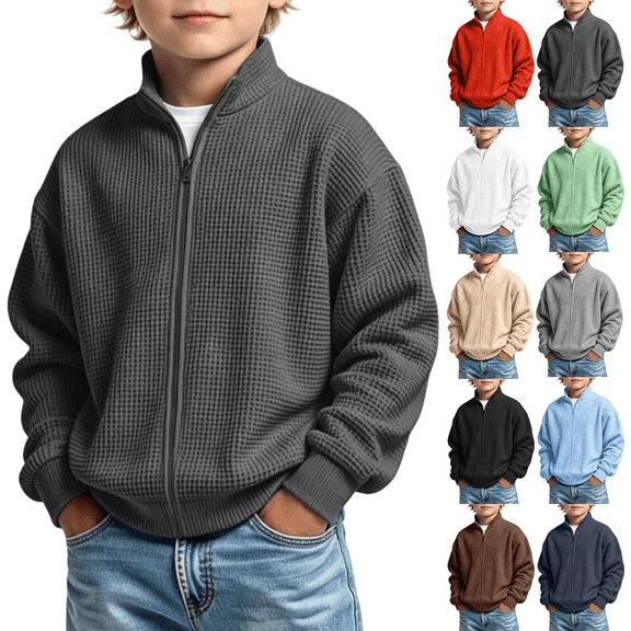ersvoioy Boys Zip Up Waffle Knit Sweatshirt Kids Fashion Stand Collar Long Sleeve Full Zipper Sweatshirt Outerwear Solid Warm Fall Winter Back to School Clothes for 3-14 Years