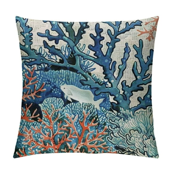 Creowell Summer Coastal Pillow Covers Navy Blue Coral Throw Pillow Cover Coral Branch Ocean Themed Beach Decor Pillowcase Beachy Nautical Cushion Case for Sofa Couch Outdoor Decor 12x12in