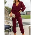 thumbnail image 4 of Weardear Womens Jumpsuits Casual V Neck Lantern Long Sleeve Dressy Romper Pleated Belt One Piece Outfits with Pocketss, 4 of 7