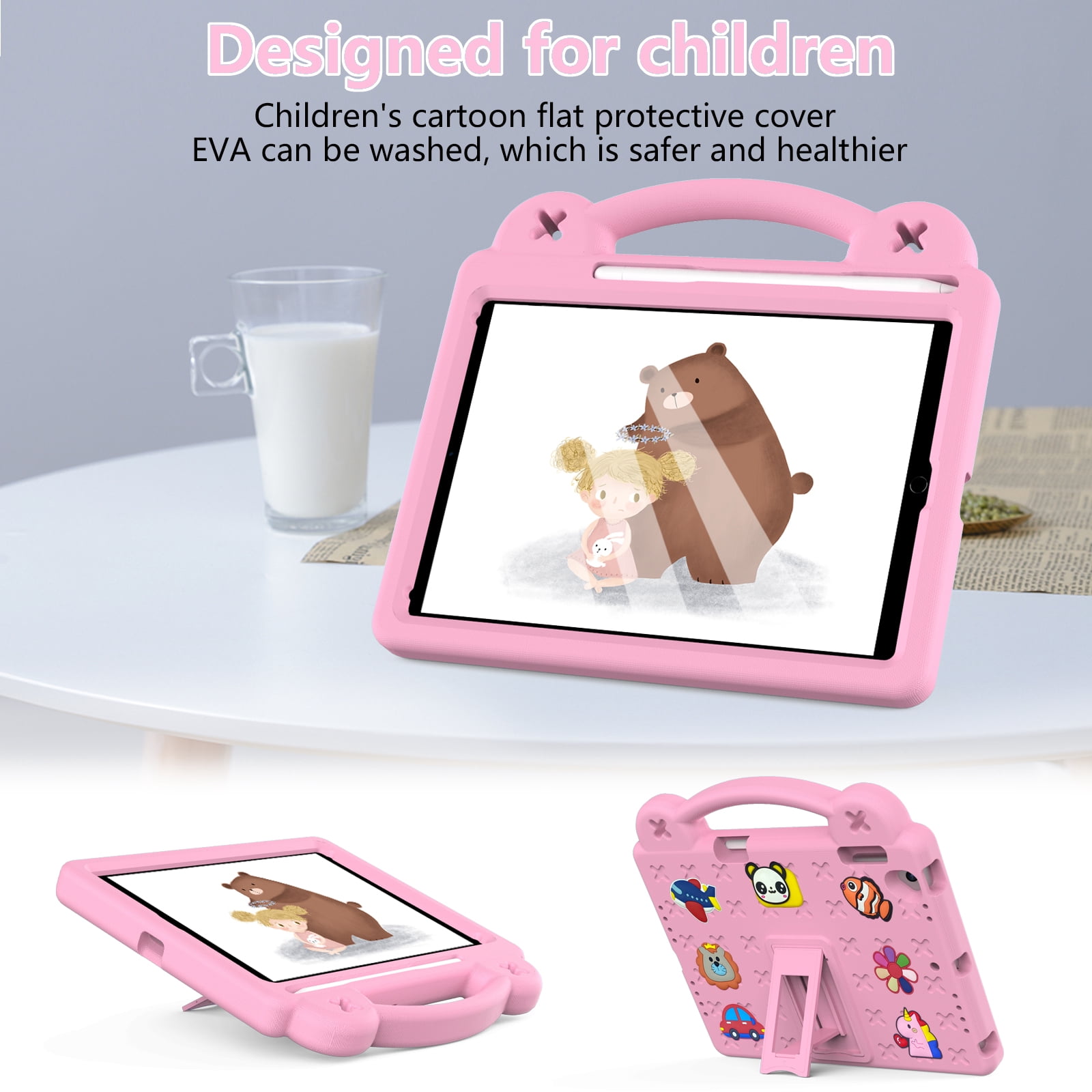 ELEHOLD Kids Case for iPad 6th/5th Gen/Pro (2018/2017/2016) 9.7 inch, EVA Foam Cute Cartoon Case with Built-in Kickstand Pencil Holder Shockproof Portable Case for iPad 9.7"/iPad Air/Air 2,Pink