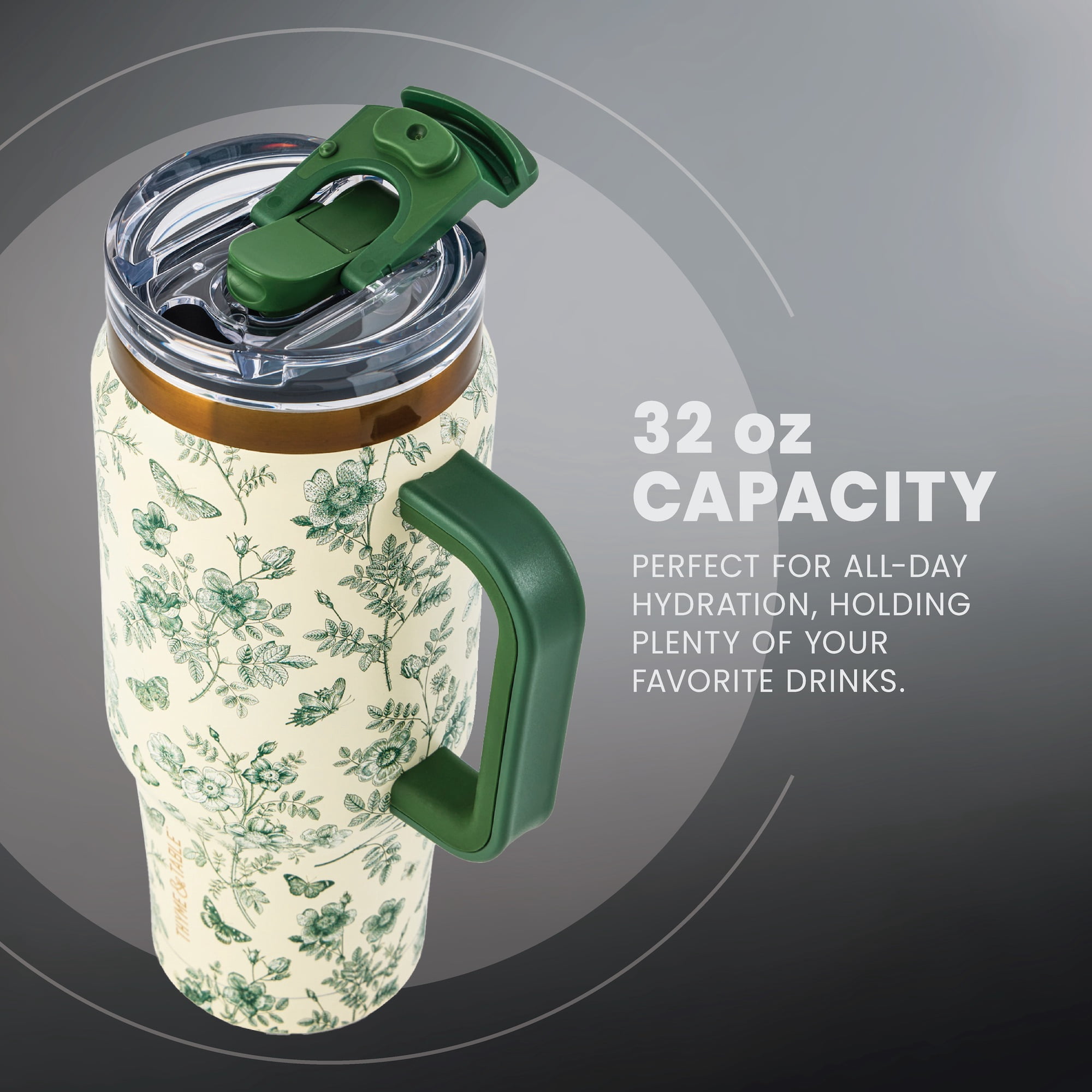 Thyme & Table 32oz Stainless Steel Luna Tumbler with Handle and Dual Straw Lid, Green Floral