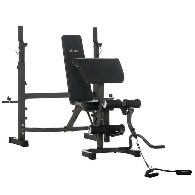 CoSoTower Support de Banc de Musculation avec Rack pour s'Accroupir, Banc Olympique Ajustable, Coussinet Multifonction pour Courber les Bras, Extension des Jambes, Gris